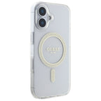 Guess MagSafe dėklas iPhone 16 Plus – skaidrus su blizgučiais