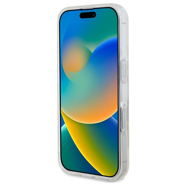 Guess MagSafe dėklas iPhone 16 Plus – skaidrus su blizgučiais
