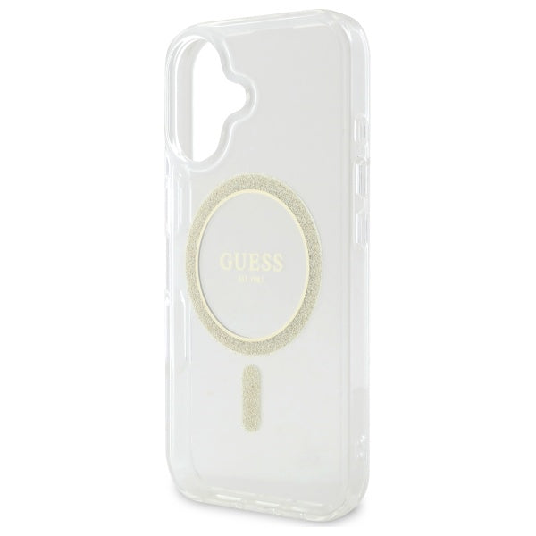 Guess MagSafe dėklas iPhone 16 Plus – skaidrus su blizgučiais