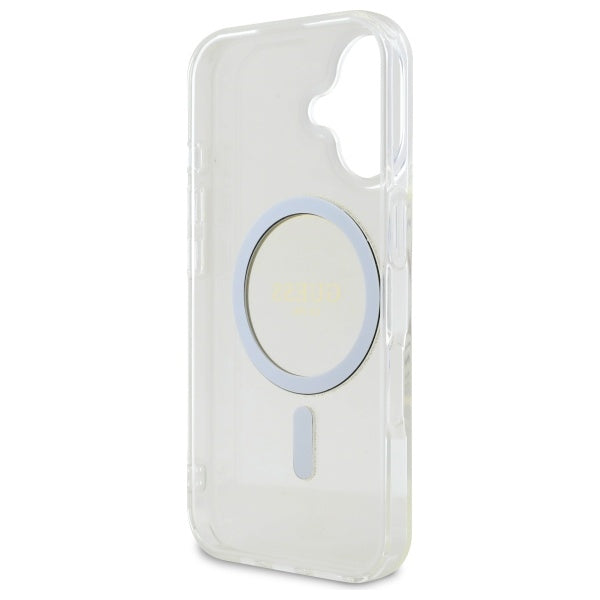 Guess MagSafe dėklas iPhone 16 Plus – skaidrus su blizgučiais