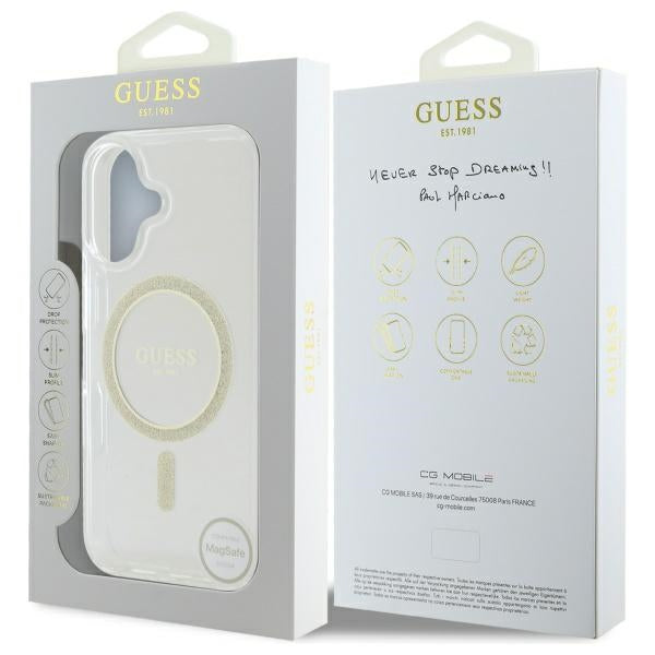 Guess MagSafe dėklas iPhone 16 Plus – skaidrus su blizgučiais