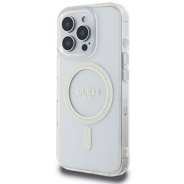 Guess IML Glitter Circle MagSafe Dėklas, skirtas iPhone 16 Pro Max – skaidrus