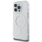Guess IML Glitter Circle MagSafe Dėklas, skirtas iPhone 16 Pro Max – skaidrus