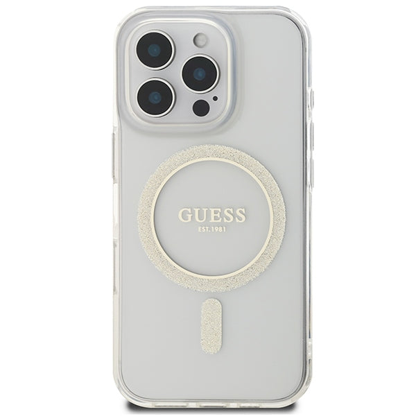 Guess IML Glitter Circle MagSafe Dėklas, skirtas iPhone 16 Pro Max – skaidrus