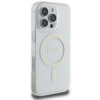 Guess IML Glitter Circle MagSafe Dėklas, skirtas iPhone 16 Pro Max – skaidrus