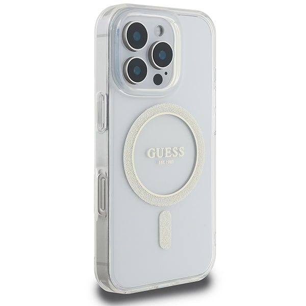 Guess IML Glitter Circle MagSafe Dėklas, skirtas iPhone 16 Pro Max – skaidrus