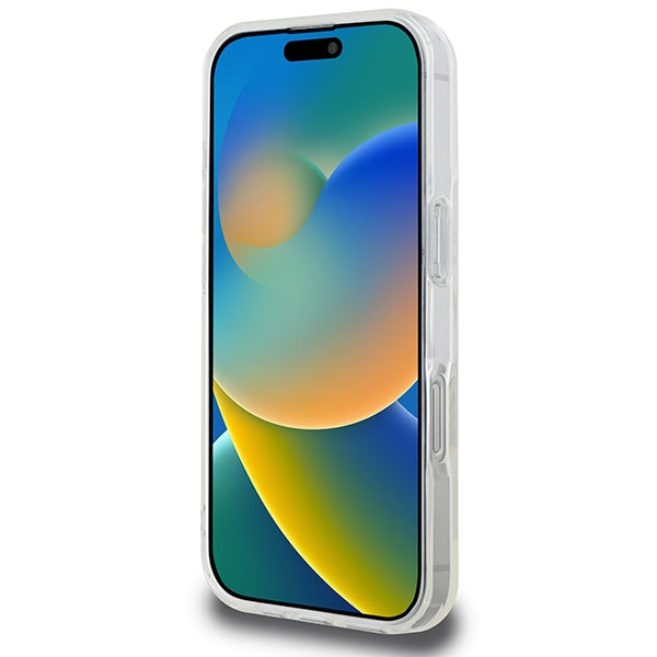 Guess IML Glitter Circle MagSafe Dėklas, skirtas iPhone 16 Pro Max – skaidrus