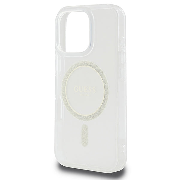 Guess IML Glitter Circle MagSafe Dėklas, skirtas iPhone 16 Pro Max – skaidrus