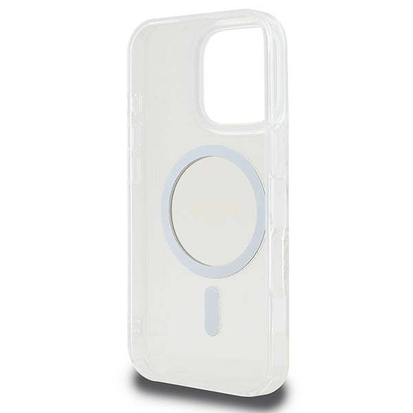 Guess IML Glitter Circle MagSafe Dėklas, skirtas iPhone 16 Pro Max – skaidrus