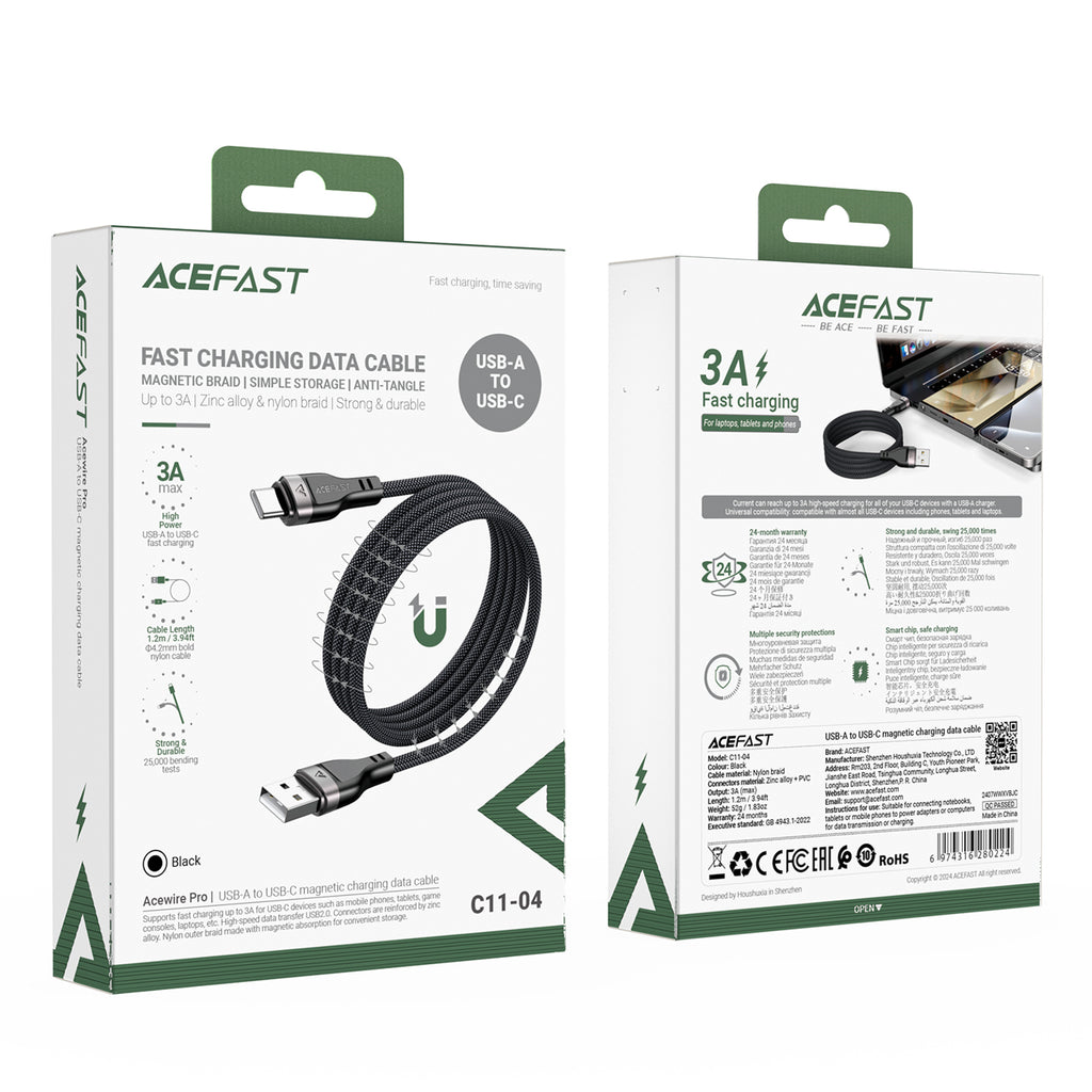 Acefast C11-04 USB-A - USB-C 3A laidas 1.2m magnetinis pintas - juodas