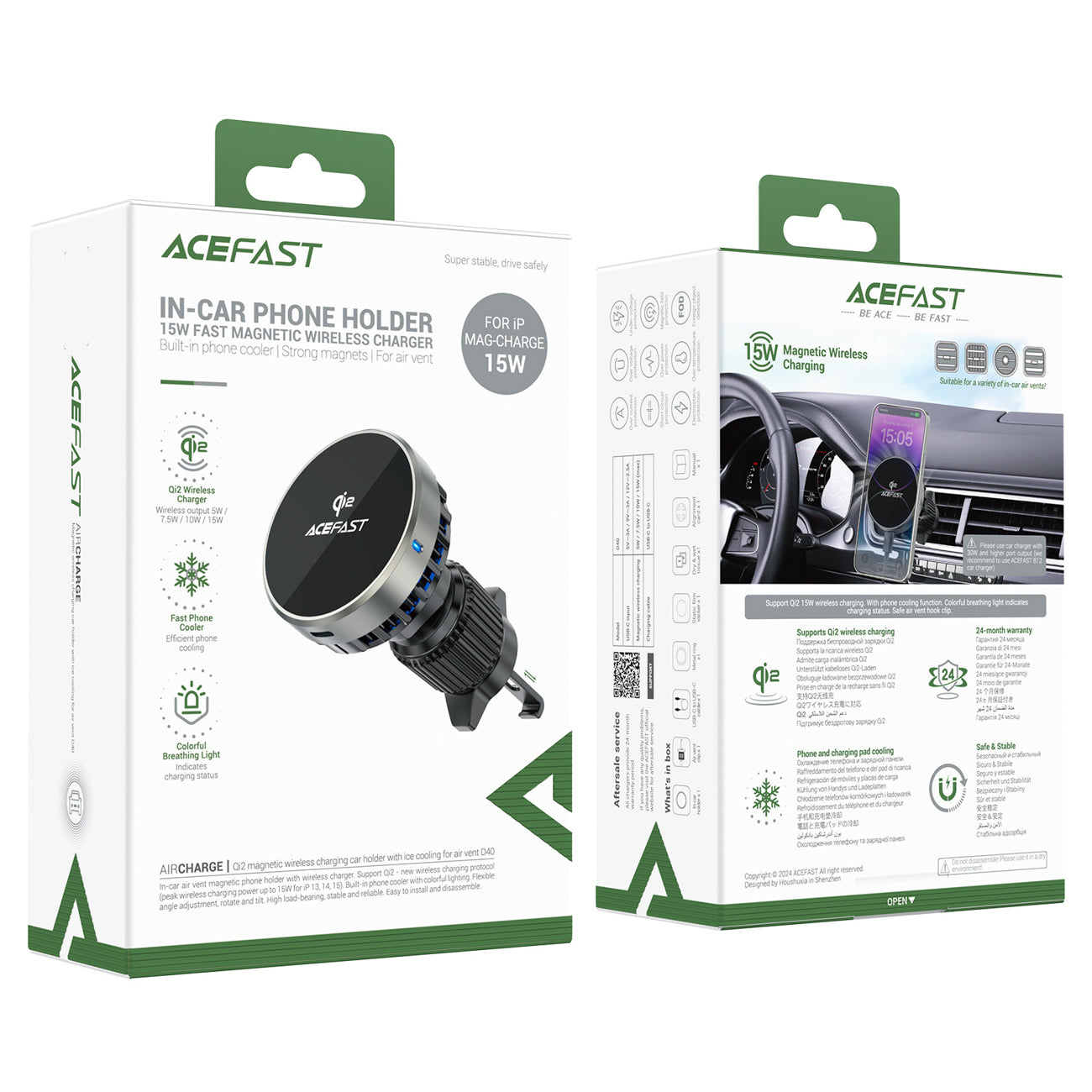 Acefast D40 Automobilinis laikiklis su Qi2 15W magnetiniu įkrovikliu oro ventiliacijai - juodas