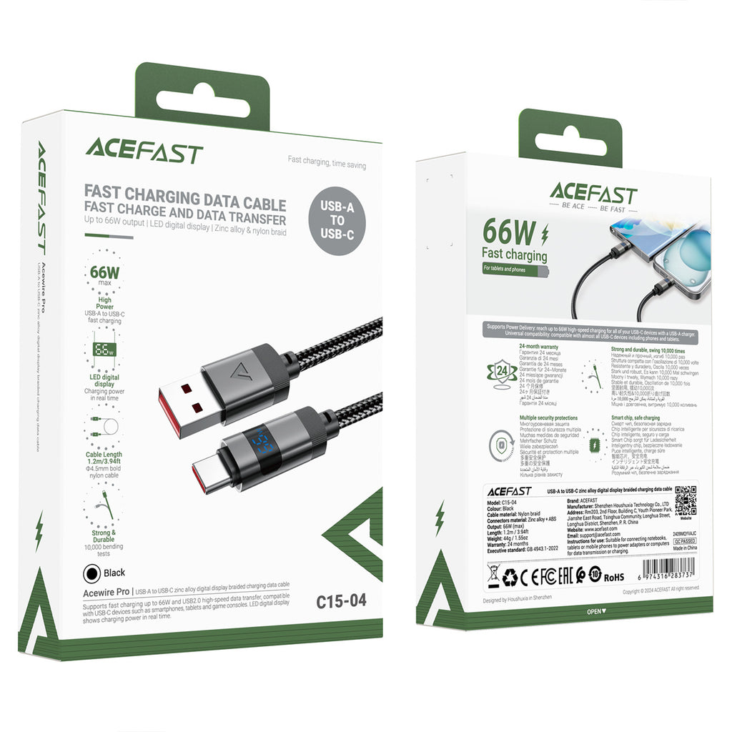 Acefast C15-04 USB-A – USB-C Kabelis su ekranu 480 Mb/s 66W 1,2 m – juodas