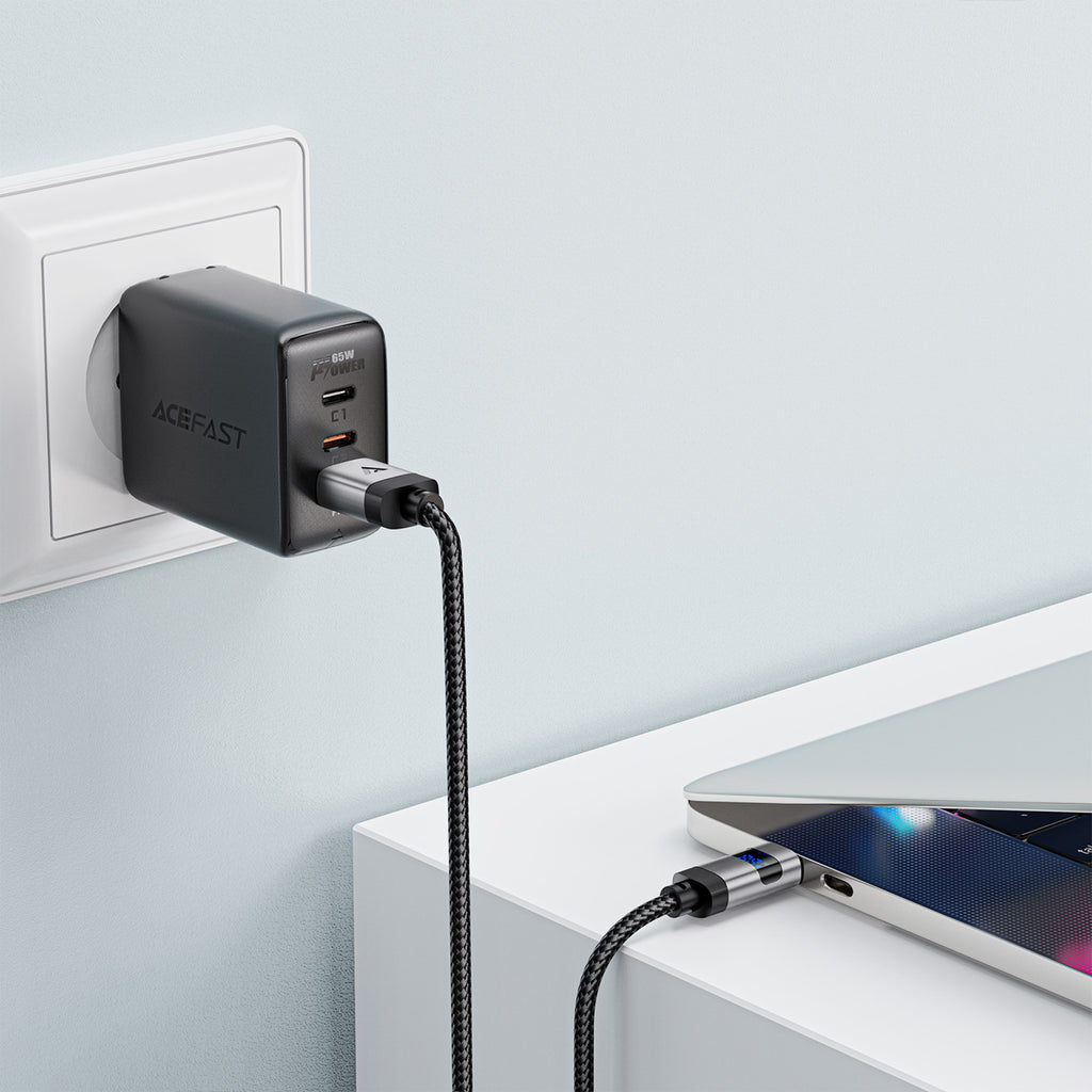 Acefast C15-04 USB-A – USB-C Kabelis su ekranu 480 Mb/s 66W 1,2 m – juodas
