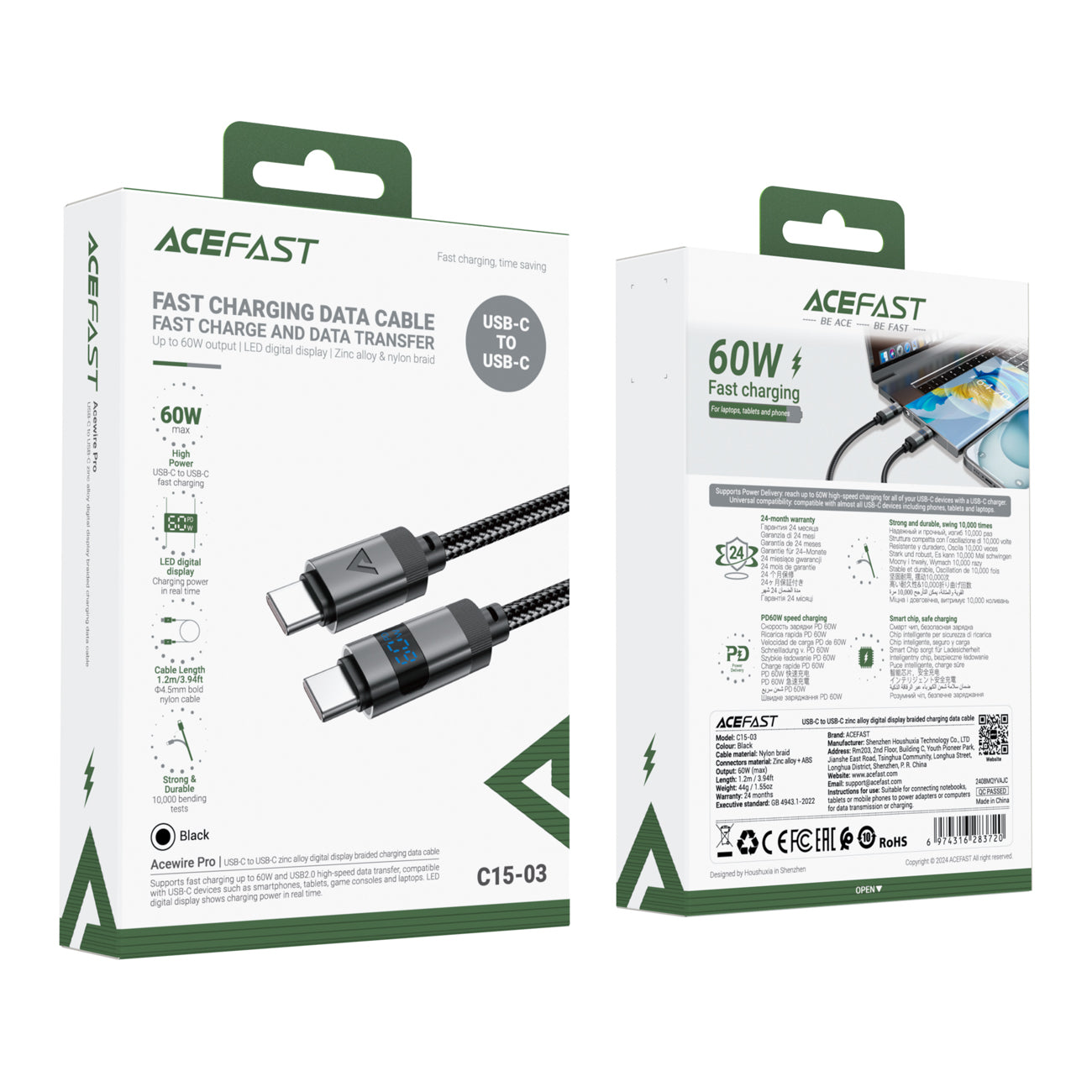 Acefast C15-03 USB-C - USB-C Kabelis su ekranu 480 Mb/s 60W 1,2 m - juodas