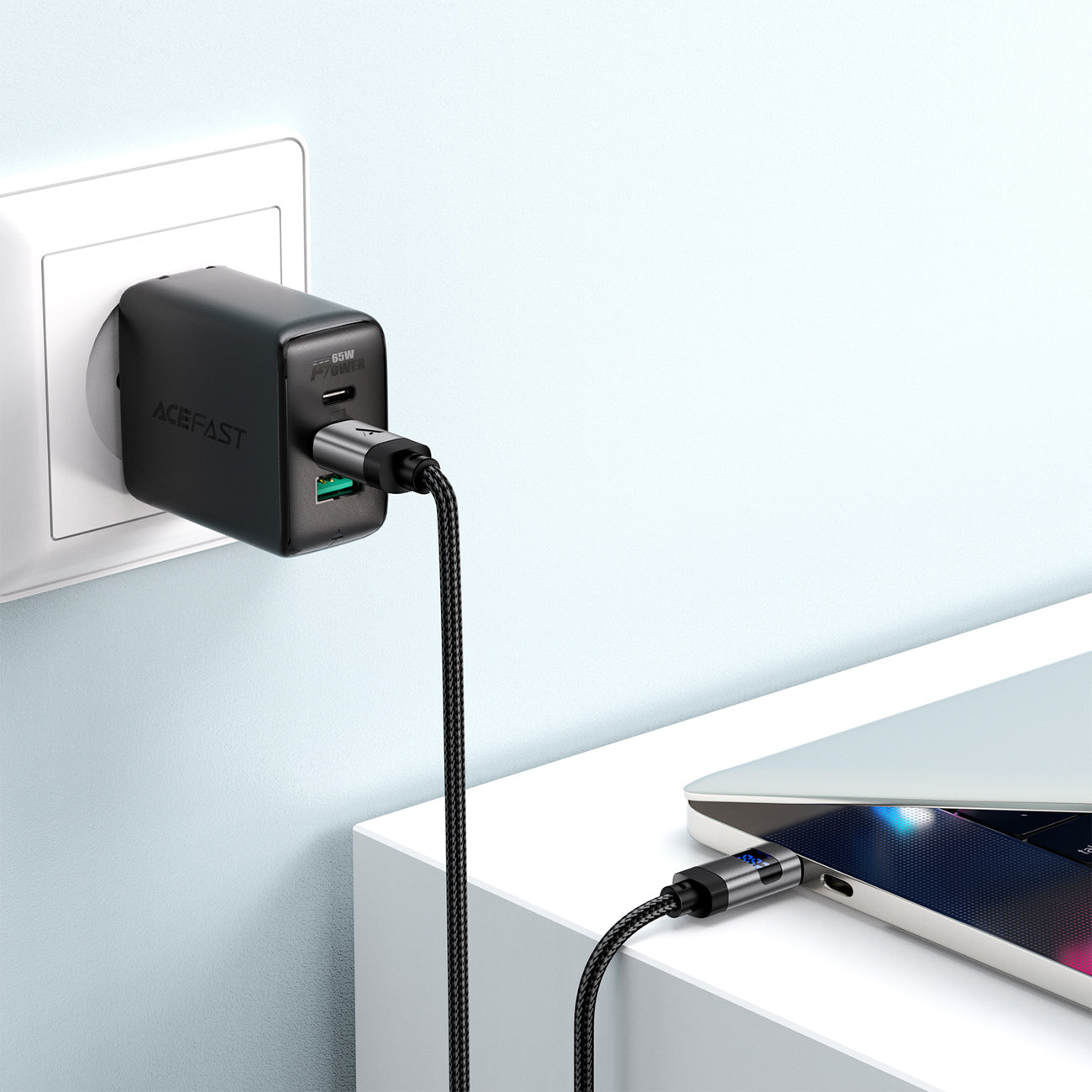 Acefast C15-03 USB-C - USB-C Kabelis su ekranu 480 Mb/s 60W 1,2 m - juodas