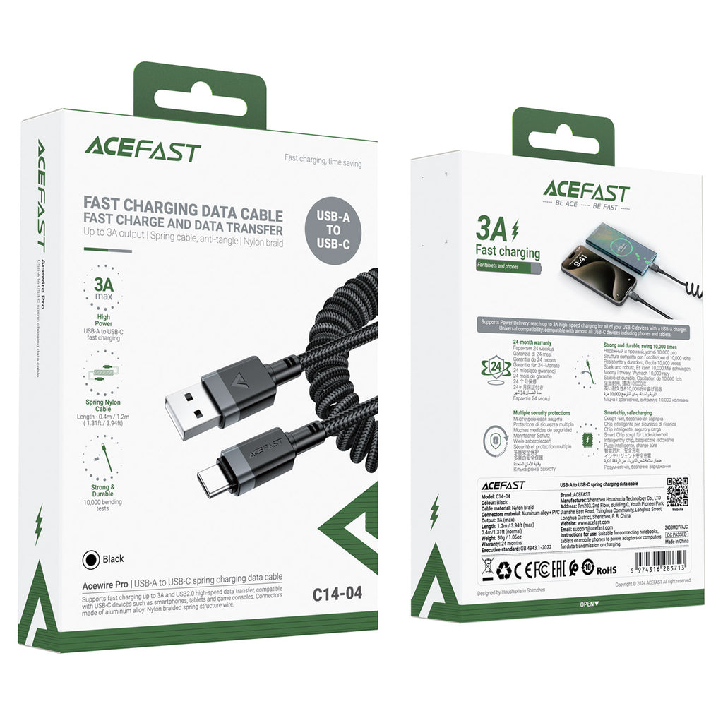 Acefast C14-04 USB-A - __TK1__ Kabelio spyruoklė 480Mb/s 3A 1.2m - Juoda