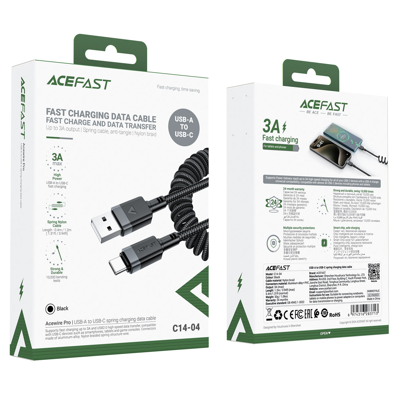 Acefast C14-04 USB-A - __TK1__ Kabelio spyruoklė 480Mb/s 3A 1.2m - Juoda
