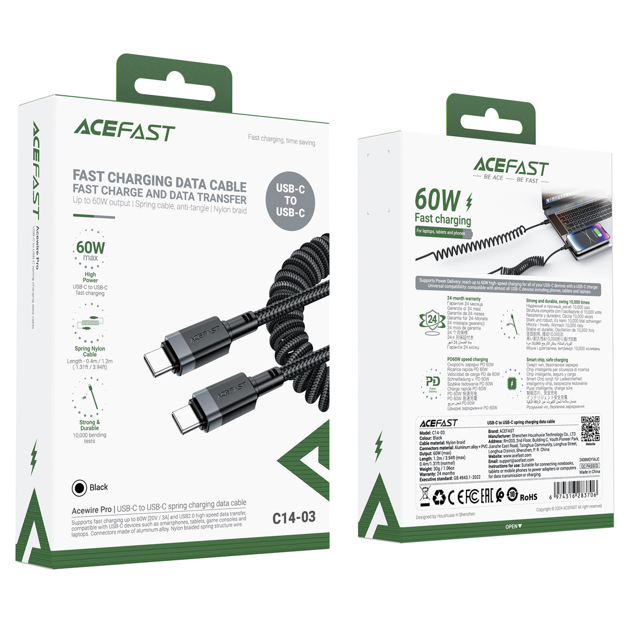 Acefast C14-03 __TK1__ - __TK1__ Spyruoklinis kabelis 480Mb/s 3A 1.2m - Juodas