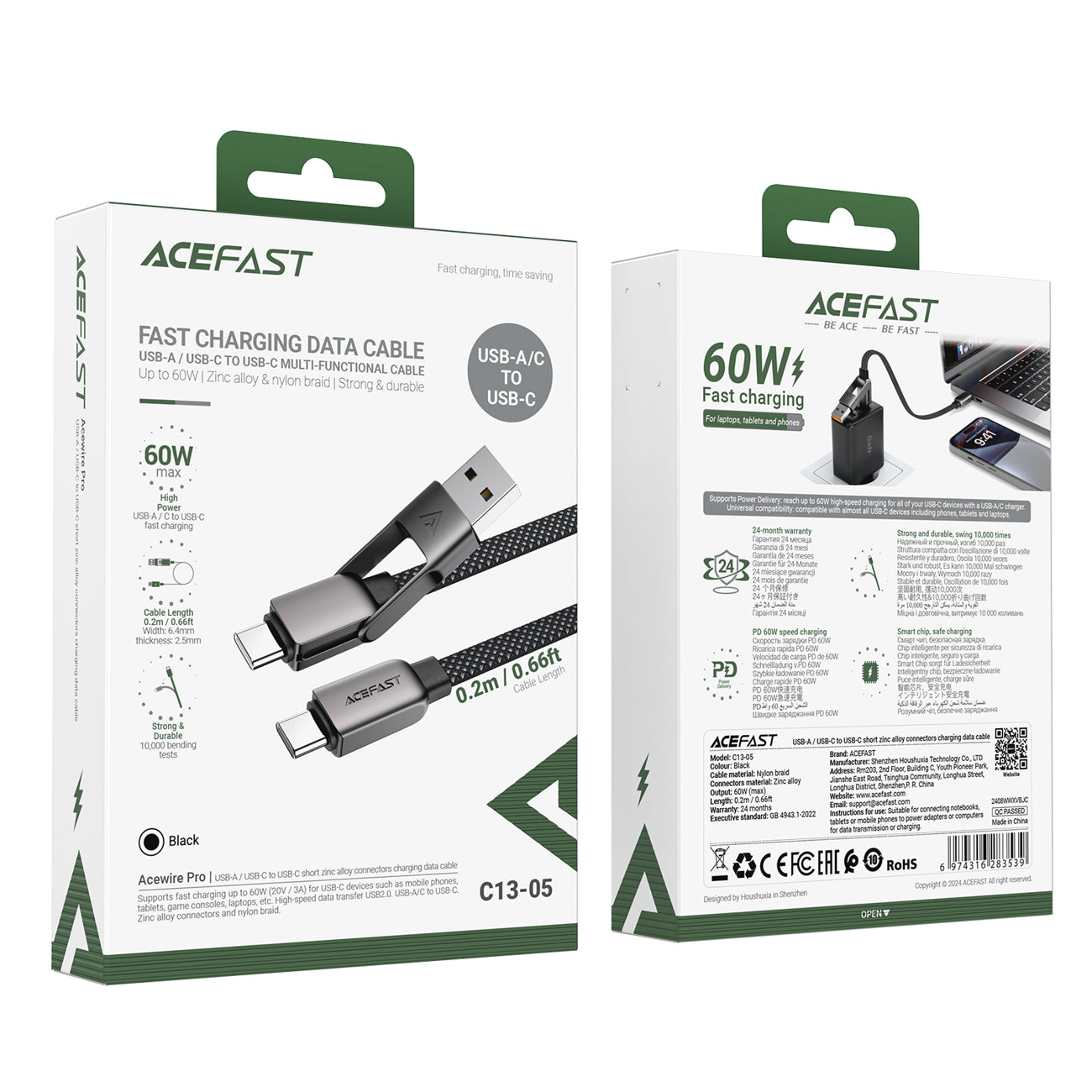 __TK0__ C13-05 USB-C - USB-A / USB-C Kabelis 480Mb/s 3A 0.2m - juodas