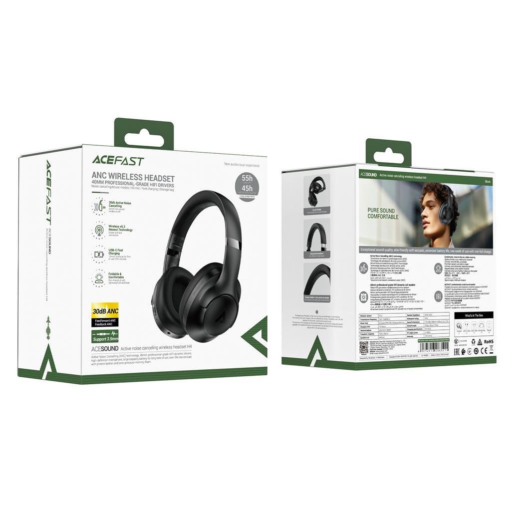 Acefast H4 aktyvi triukšmo slopinimo belaidės ausinės - juodos -- Headphones
