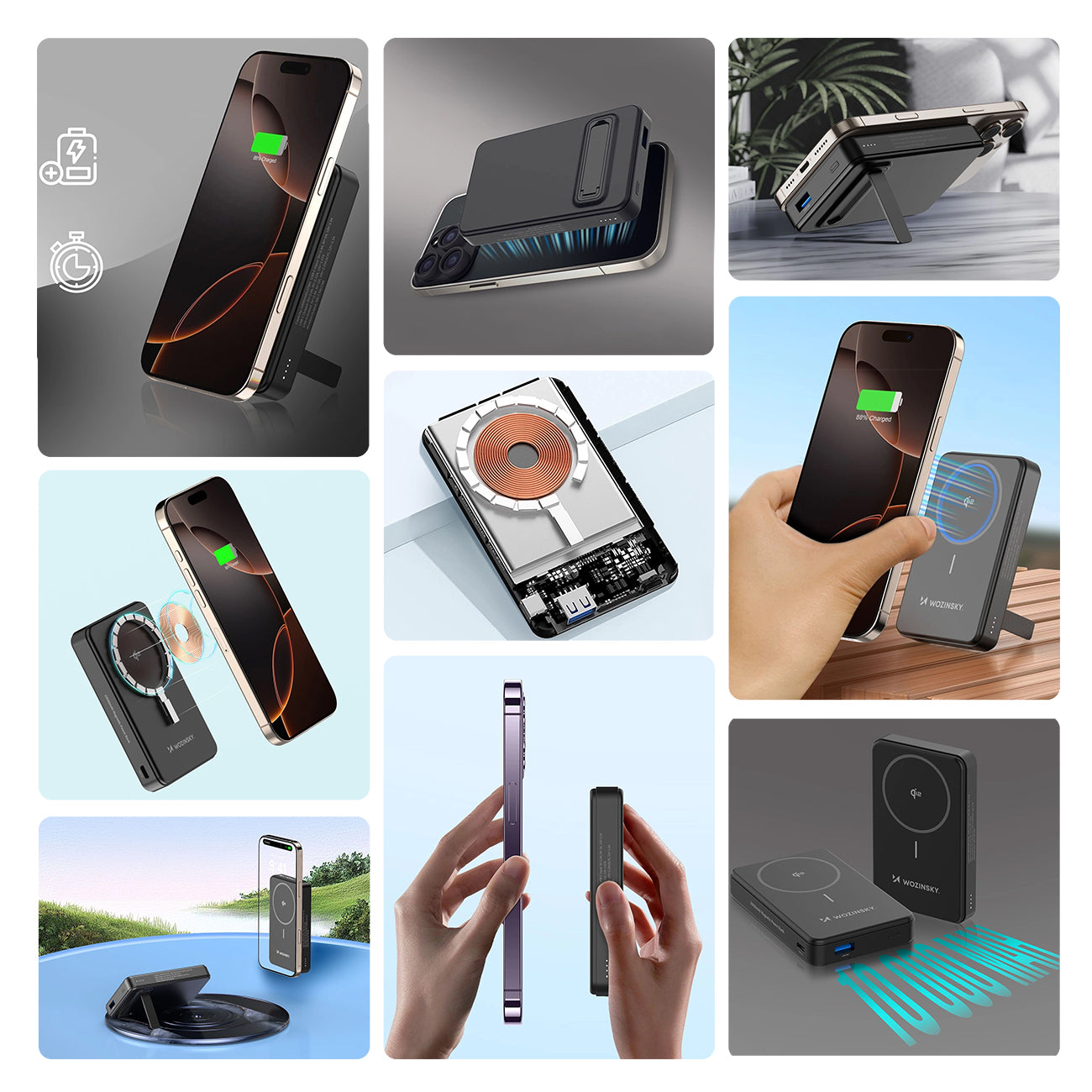 Wozinsky išorinė baterija WLWP-10KA0Y3S 22.5W PD Qi2 10000 mAh, su stovu, 1x USB-A, 1x USB-C - juoda