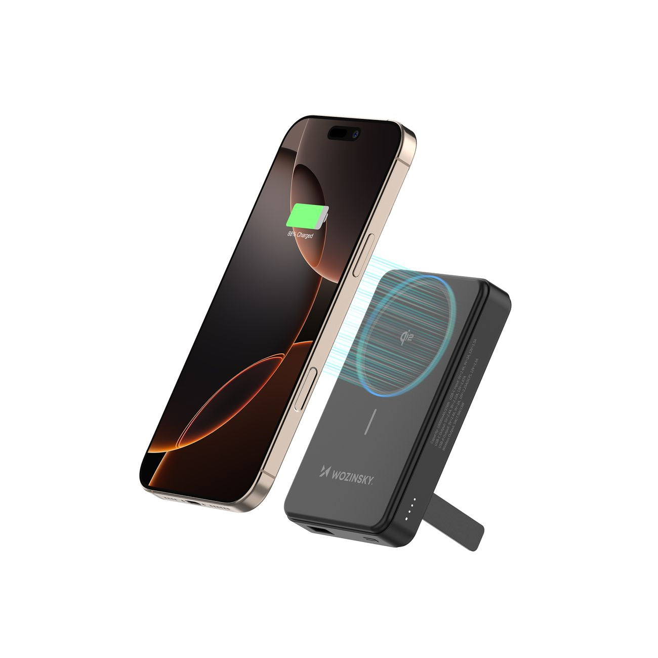 Wozinsky išorinė baterija WLWP-10KA0Y3S 22.5W PD Qi2 10000 mAh, su stovu, 1x USB-A, 1x USB-C - juoda