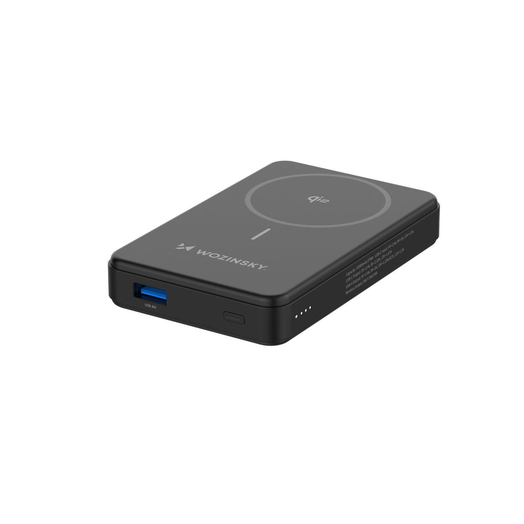 Wozinsky išorinė baterija WLWP-10KA0Y3S 22.5W PD Qi2 10000 mAh, su stovu, 1x USB-A, 1x USB-C - juoda