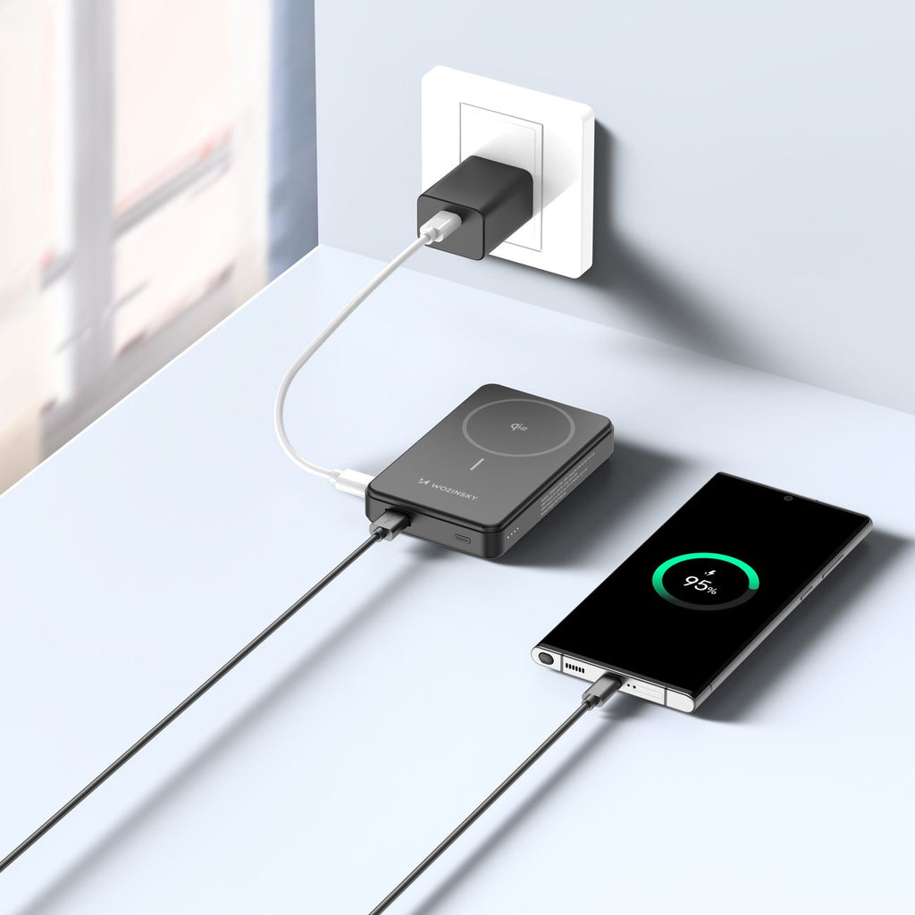 Wozinsky išorinė baterija WLWP-10KA0Y3S 22.5W PD Qi2 10000 mAh, su stovu, 1x USB-A, 1x USB-C - juoda