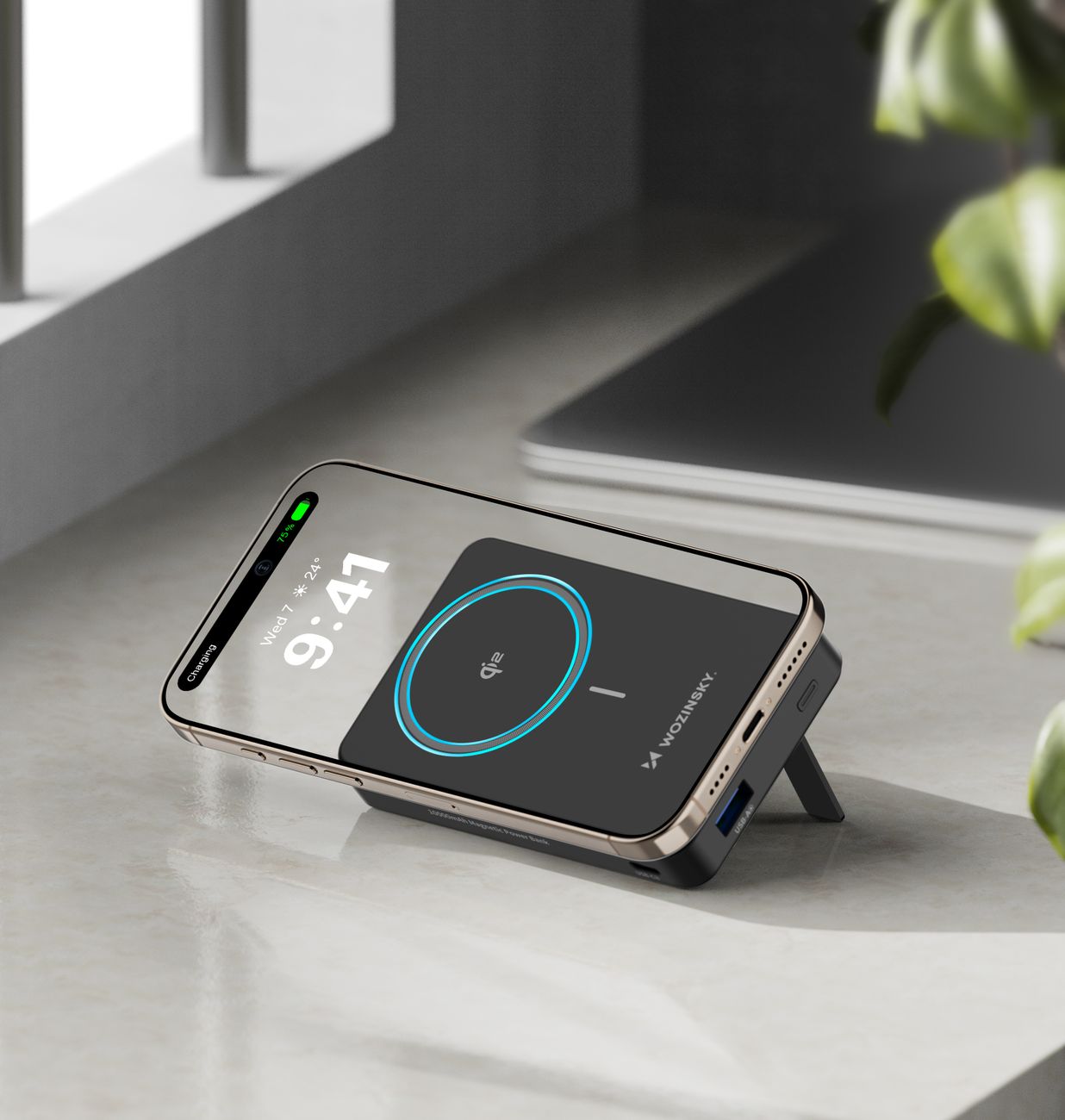 Wozinsky išorinė baterija WLWP-10KA0Y3S 22.5W PD Qi2 10000 mAh, su stovu, 1x USB-A, 1x USB-C - juoda