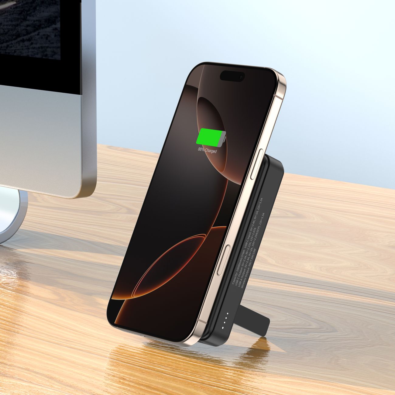 Wozinsky išorinė baterija WLWP-10KA0Y3S 22.5W PD Qi2 10000 mAh, su stovu, 1x USB-A, 1x USB-C - juoda