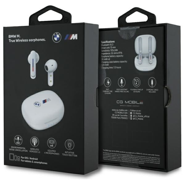 BMW Bluetooth ausinės BMBEMIATP20LOH TWS + prijungimo stotelė balta/balta Spausdinti logotipai