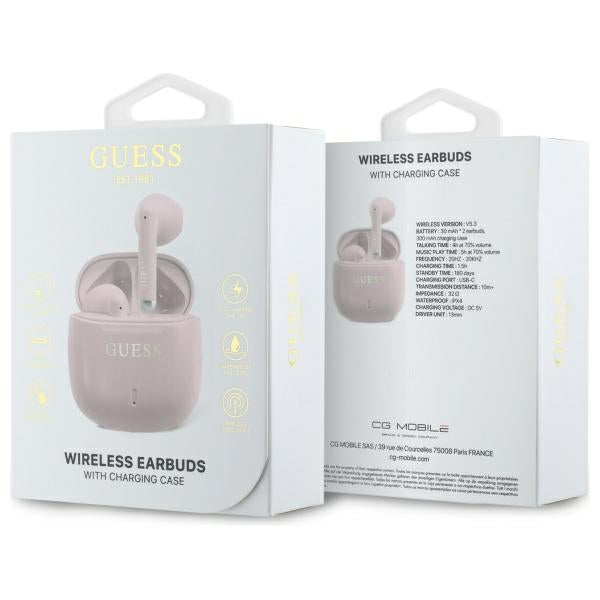 Guess Bluetooth ausinės GUTWSJ14ESGP TWS + prijungimo stotelė rožinė/rožinė spausdintas klasikinis logotipas
