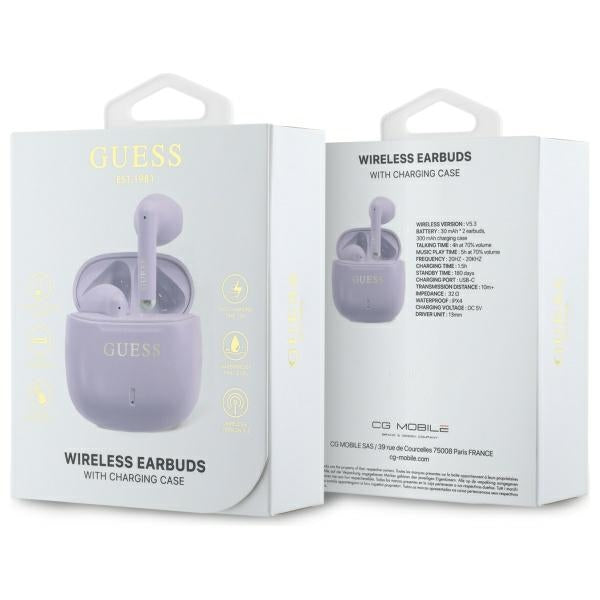 Guess Bluetooth ausinės GUTWSJ14ESGU TWS + prijungimo stotelė violetinė/violetinė spausdintas klasikinis logotipas