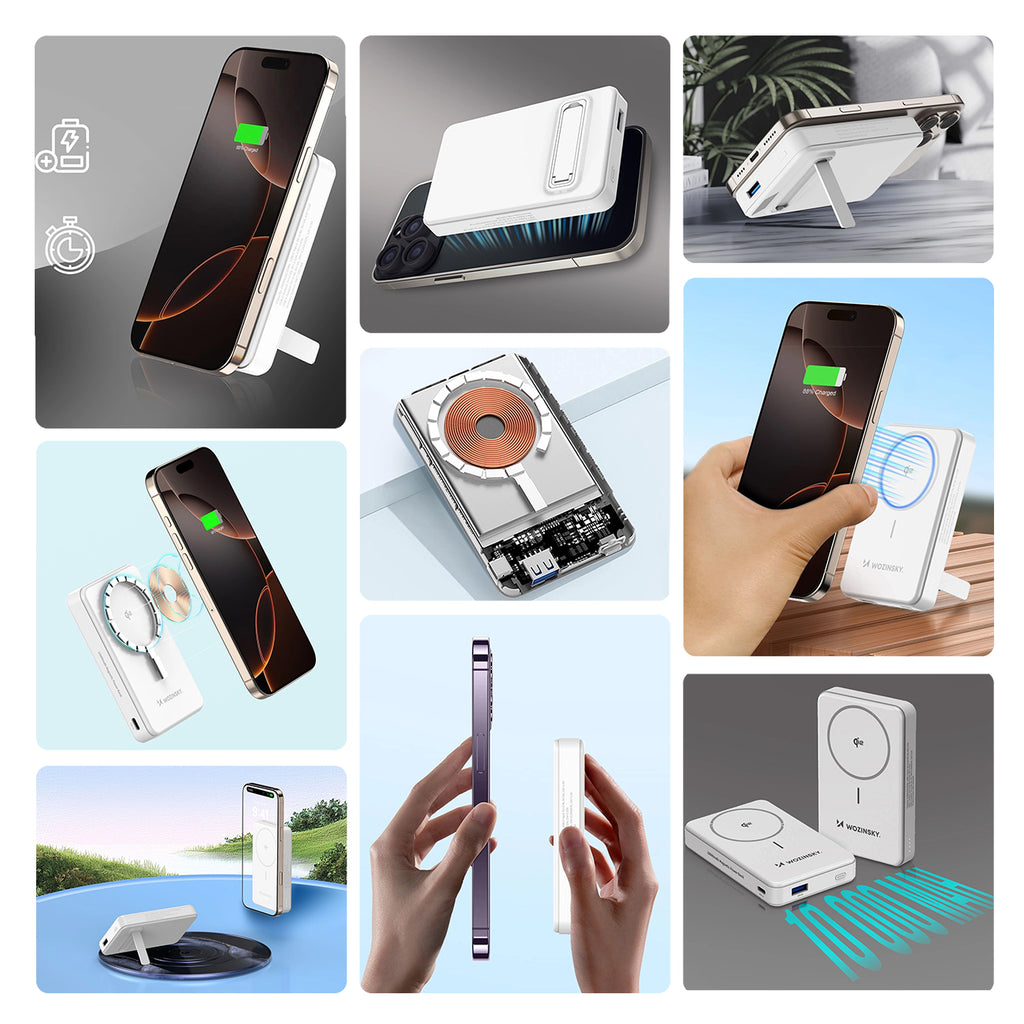 Wozinsky išorinė baterija WLWP-10KA0Y3WS 22.5W PD Qi2 10000 mAh, su stovu, 1x USB-A, 1x USB-C - balta