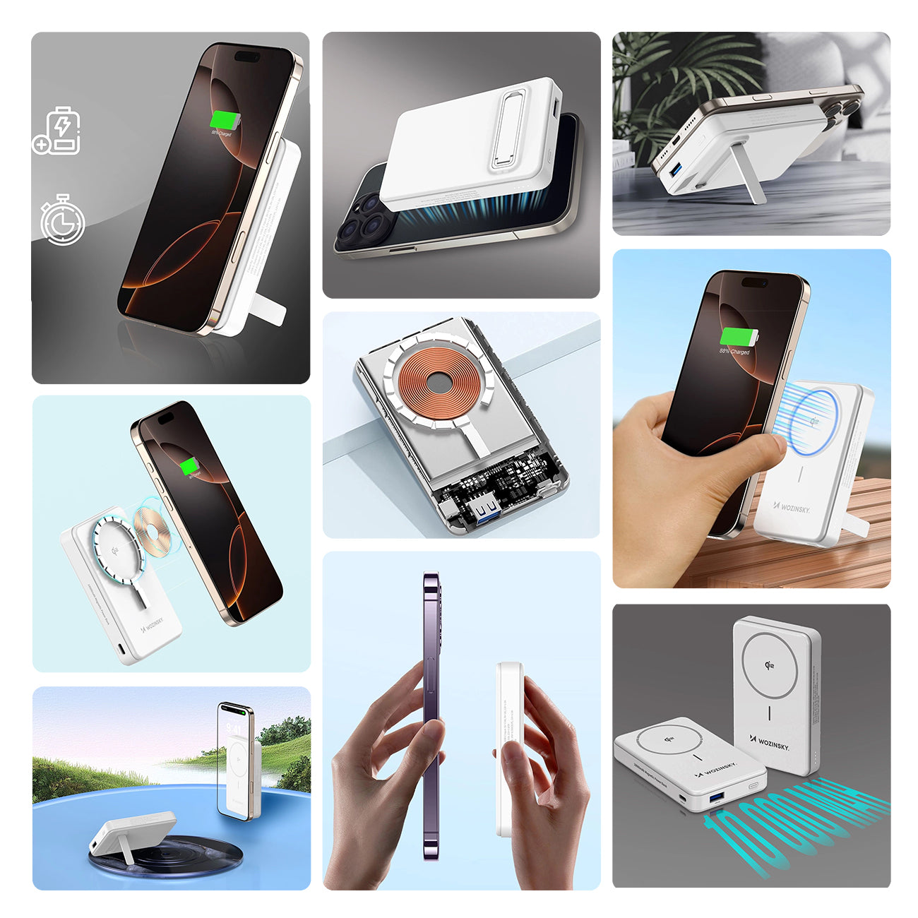 Wozinsky išorinė baterija WLWP-10KA0Y3WS 22.5W PD Qi2 10000 mAh, su stovu, 1x USB-A, 1x USB-C - balta