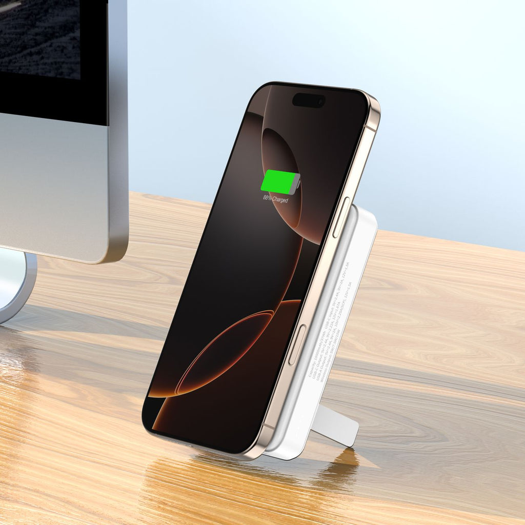Wozinsky išorinė baterija WLWP-10KA0Y3WS 22.5W PD Qi2 10000 mAh, su stovu, 1x USB-A, 1x USB-C - balta