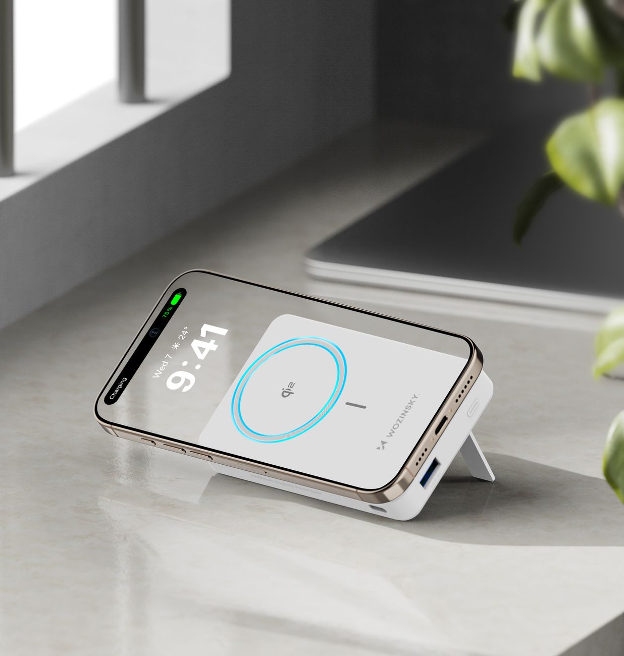Wozinsky išorinė baterija WLWP-10KA0Y3WS 22.5W PD Qi2 10000 mAh, su stovu, 1x USB-A, 1x USB-C - balta