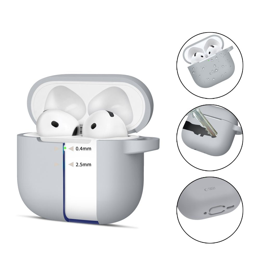 Tech-Protect silikoninis dėklas AirPods 4 su kabliuku – pilkas -- AirPods 4