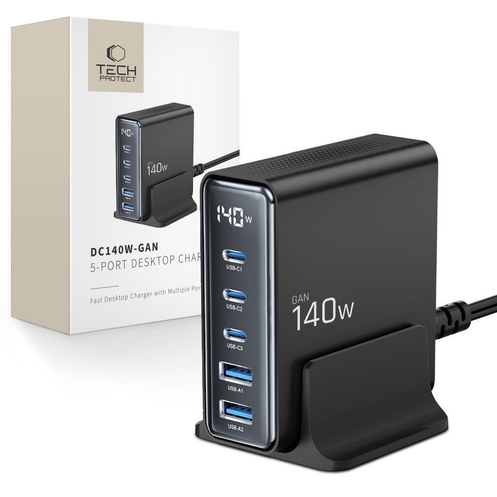 Tech-Protect DC140W-GAN 5-PORT PD140W/QC3.0 įkrovimo stotelė - juodas -- Cell phone chargers