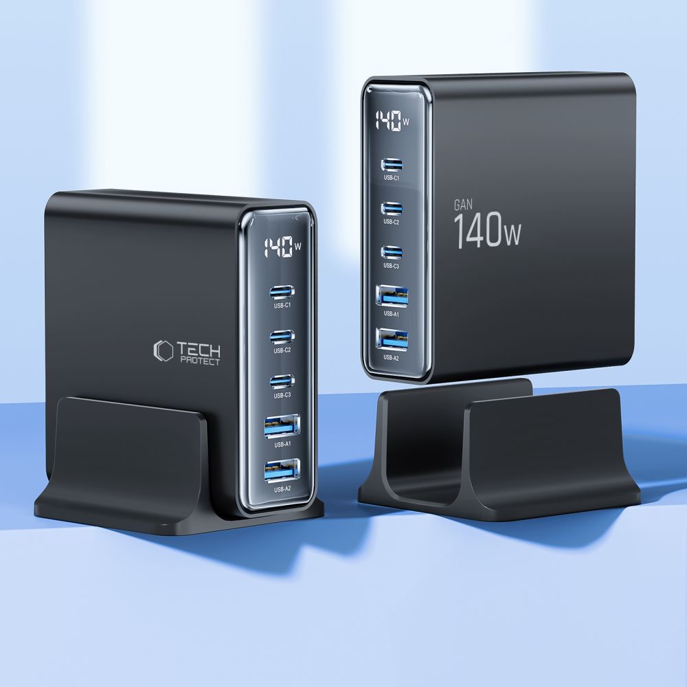 Tech-Protect DC140W-GAN 5-PORT PD140W/QC3.0 įkrovimo stotelė - juodas -- Cell phone chargers