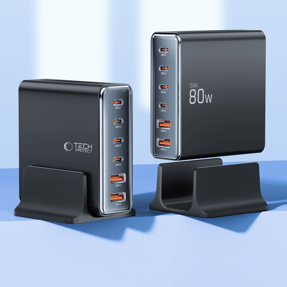 Tech-Protect DC80W-GAN 6-PORT PD80W/QC3.0 įkrovimo stotelė - juodas -- Cell phone chargers