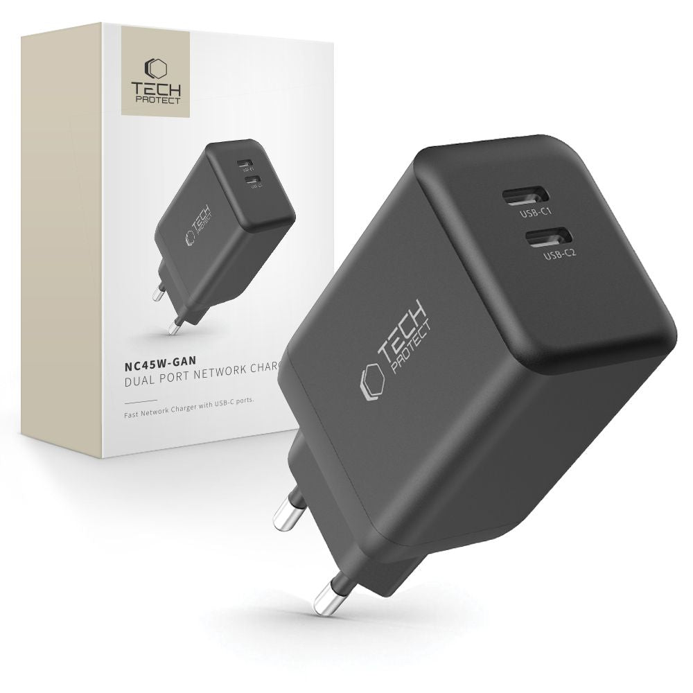 Tech-Protect NC45W-GAN 2-PORT PD45W sieninis įkroviklis - juodas -- Cell phone chargers