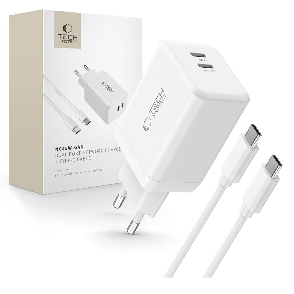 Tech-Protect NC45W-GAN 2-PORT PD45W įkroviklis + TYPE-C laidas - baltas -- Cell phone chargers