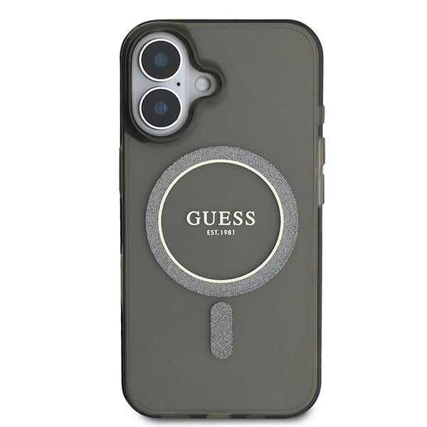 Guess MagSafe dėklas iPhone 16 – juodas, IML Glitter Circle