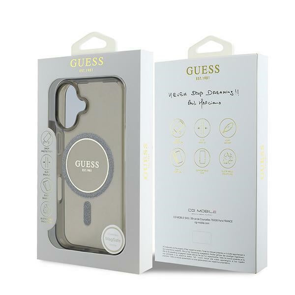 Guess MagSafe dėklas iPhone 16 – juodas, IML Glitter Circle