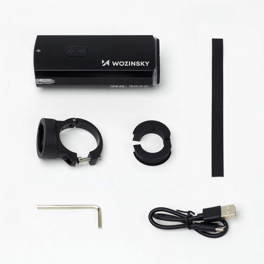 Wozinsky priekinė dviračio lempa + USB-C kabelis (3000 lm) - juoda -- Bicycle Lights