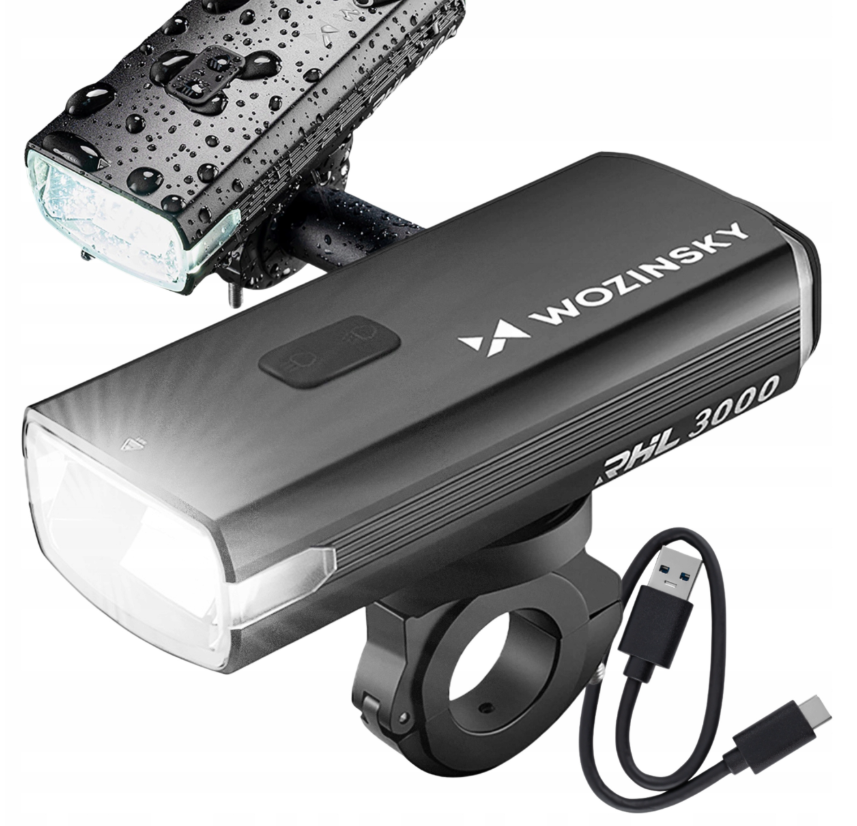 Wozinsky priekinė dviračio lempa + USB-C kabelis (3000 lm) - juoda -- Bicycle Lights