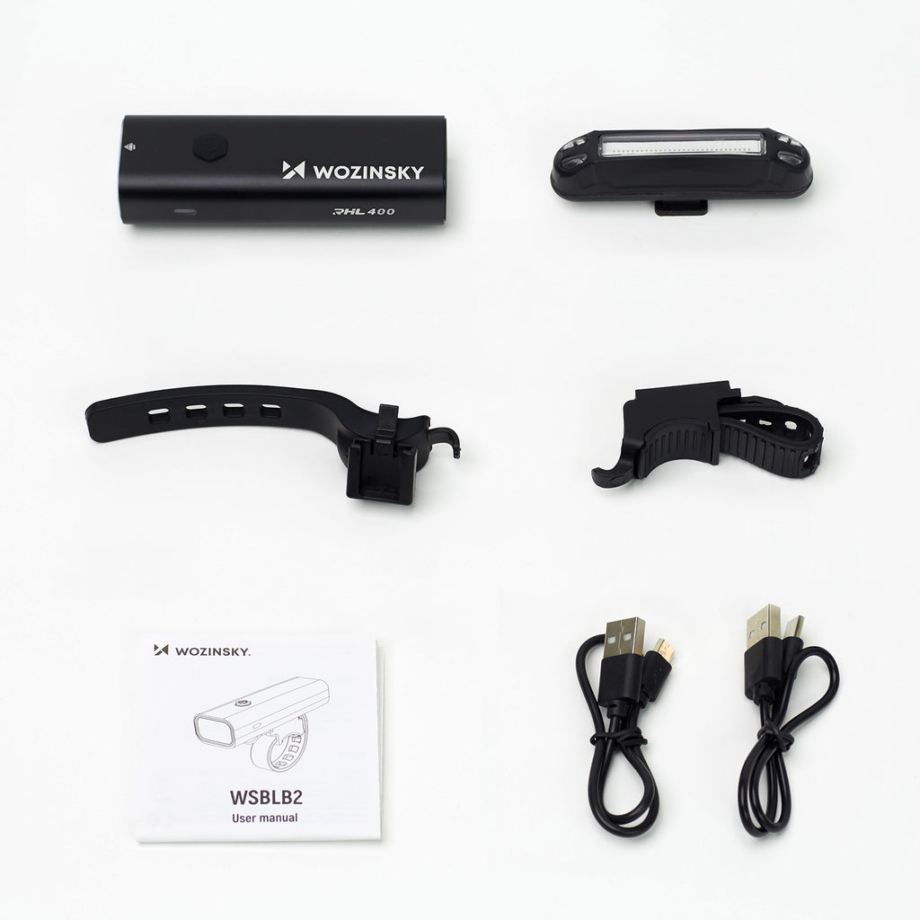 Wozinsky WSBLB2 priekinė (400 lm) ir galinė USB-C dviračio lempos rinkinys - juodas -- Bicycle Lights