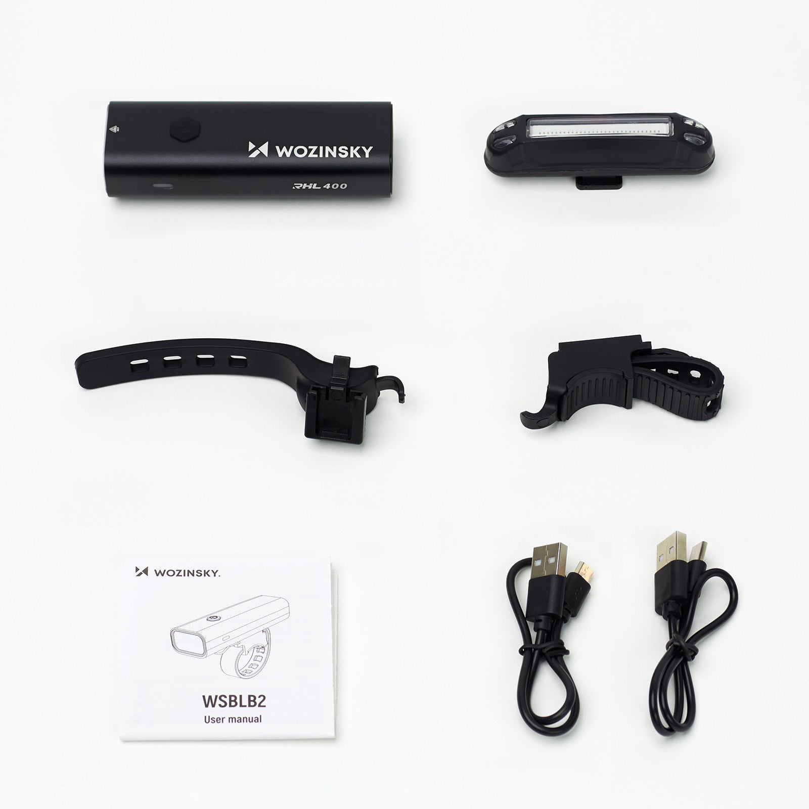 Wozinsky WSBLB2 priekinė (400 lm) ir galinė USB-C dviračio lempos rinkinys - juodas -- Bicycle Lights