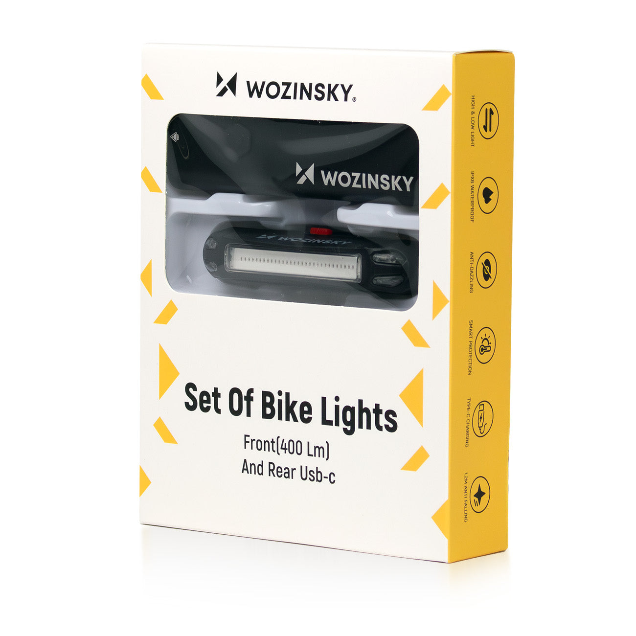 Wozinsky WSBLB2 priekinė (400 lm) ir galinė USB-C dviračio lempos rinkinys - juodas -- Bicycle Lights